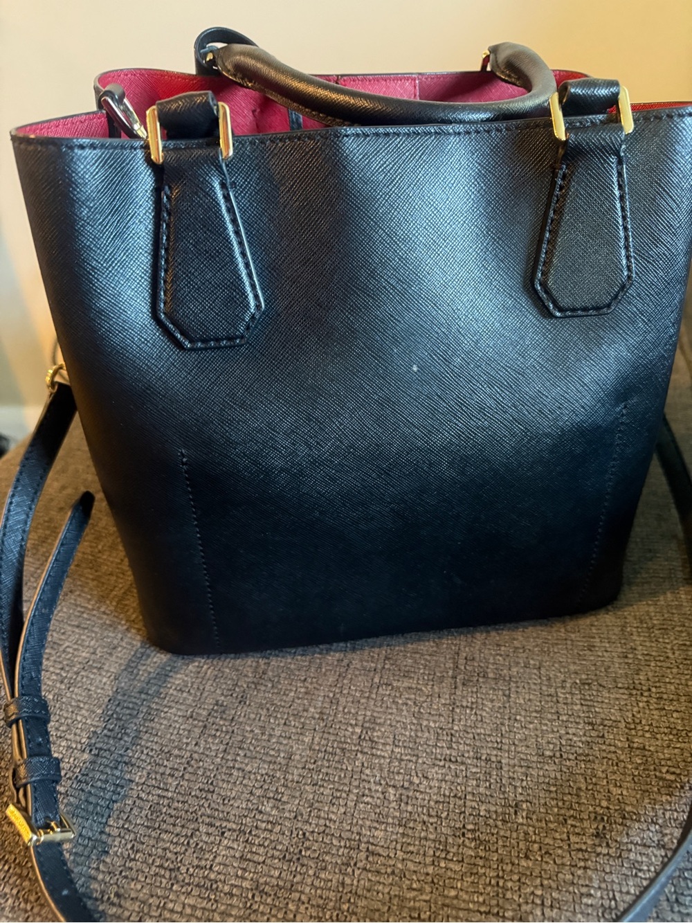 Michael Kors Black Leather Tote with Red Interior and Gold Hardware - Picture 3 of 13